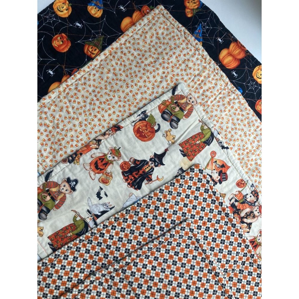 Handmade Festive Fall Halloween Quilted Placemat Set Witch Pumpkin Ghost Leaves